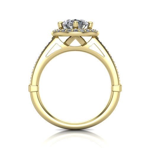 Alessandra oval halo engagement ring in 18K Yellow Gold, through-finger front profile showing the halo head raised above the pav&eacute; band and cathedral shoulders