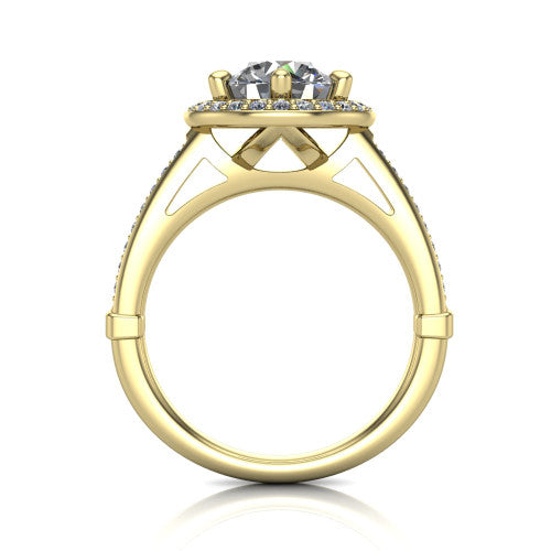 Alessandra round halo engagement ring in 14K Yellow Gold, through-finger front profile showing the halo head raised above the pav&eacute; band and cathedral shoulders