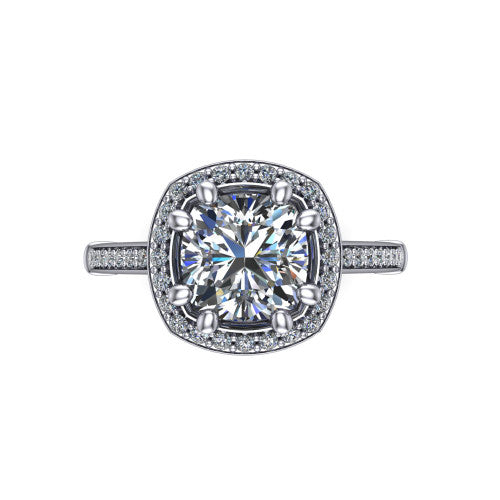 Alessandra cushion halo engagement ring in 14K White Gold, top-down view showing the center framed by a pav&eacute; halo with compass prongs