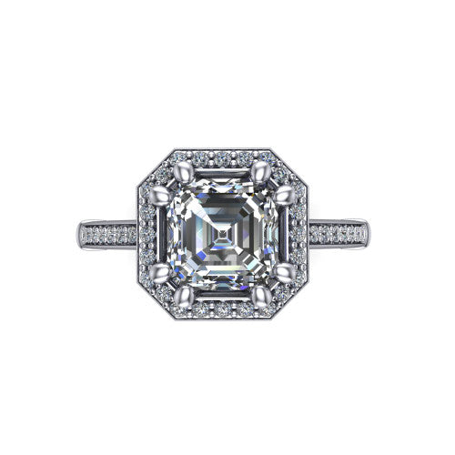 Alessandra square emerald halo engagement ring in 18K White Gold, top-down view showing the center framed by a pav&eacute; halo with compass prongs
