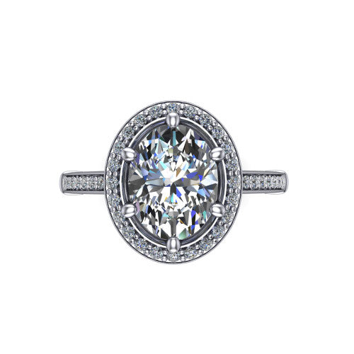 Alessandra oval halo engagement ring in 18K White Gold, top-down view showing the center framed by a pav&eacute; halo with compass prongs
