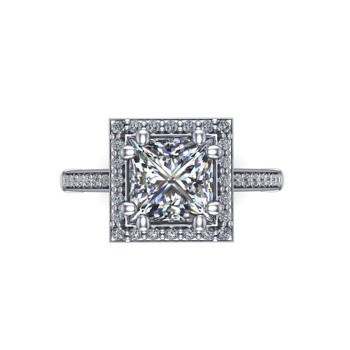 Alessandra princess halo engagement ring in 18K White Gold, top-down view showing the center framed by a pav&eacute; halo with compass prongs