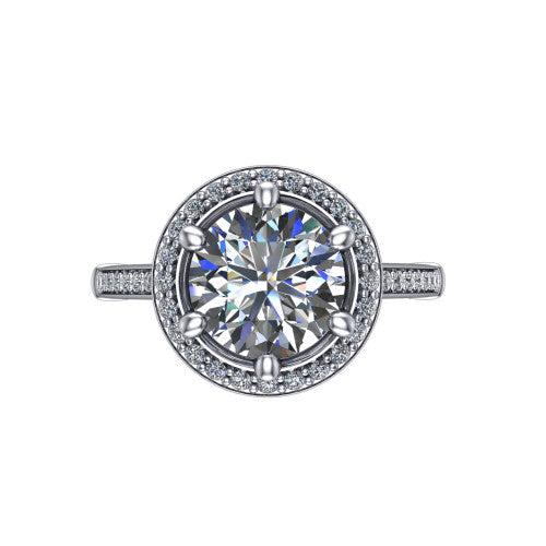 Alessandra round halo engagement ring in Platinum, top-down view showing the center framed by a pav&eacute; halo with compass prongs