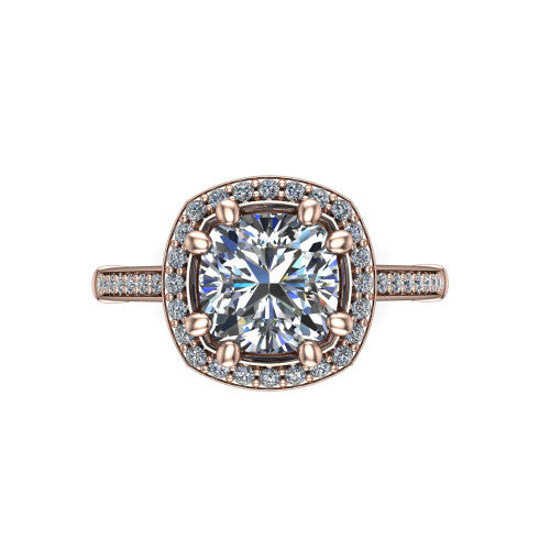 Alessandra cushion halo engagement ring in 14K Rose Gold, top-down view showing the center framed by a pav&eacute; halo with compass prongs