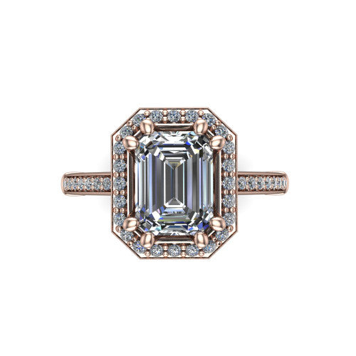 Alessandra emerald halo engagement ring in 18K Rose Gold, top-down view showing the center framed by a pav&eacute; halo with compass prongs