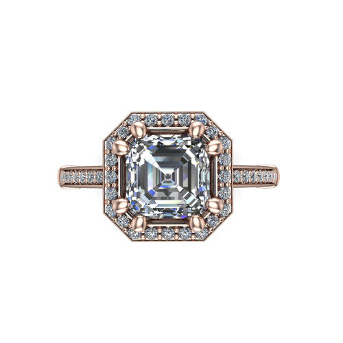 Alessandra square emerald halo engagement ring in 18K Rose Gold, top-down view showing the center framed by a pav&eacute; halo with compass prongs