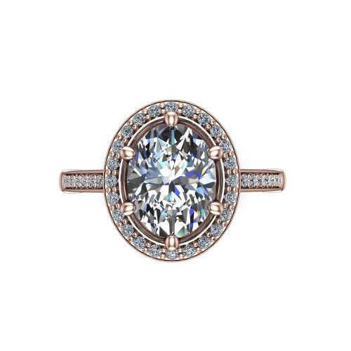 Alessandra oval halo engagement ring in 14K Rose Gold, top-down view showing the center framed by a pav&eacute; halo with compass prongs