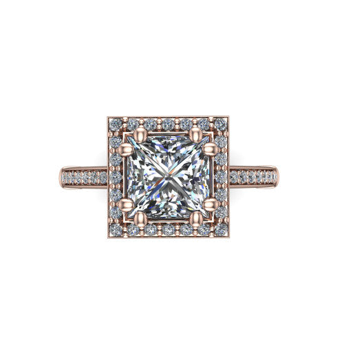 Alessandra princess halo engagement ring in 14K Rose Gold, top-down view showing the center framed by a pav&eacute; halo with compass prongs