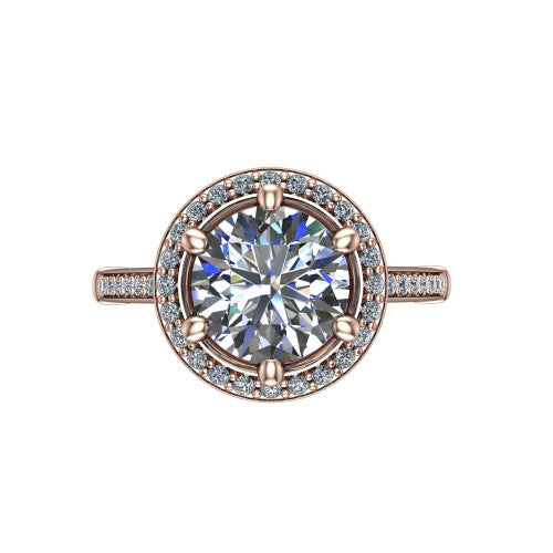 Alessandra round halo engagement ring in 14K Rose Gold, top-down view showing the center framed by a pav&eacute; halo with compass prongs