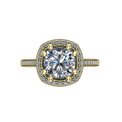 Alessandra cushion halo engagement ring in 18K Yellow Gold, top-down view showing the center framed by a pav&eacute; halo with compass prongs