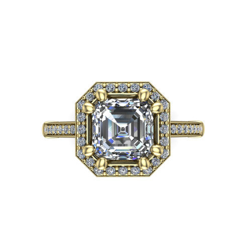 Alessandra square emerald halo engagement ring in 18K Yellow Gold, top-down view showing the center framed by a pav&eacute; halo with compass prongs