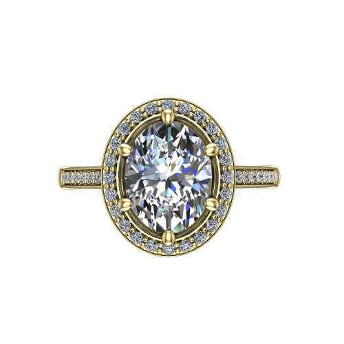 Alessandra oval halo engagement ring in 14K Yellow Gold, top-down view showing the center framed by a pav&eacute; halo with compass prongs