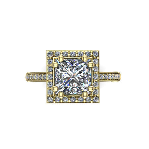 Alessandra princess halo engagement ring in 14K Yellow Gold, top-down view showing the center framed by a pav&eacute; halo with compass prongs