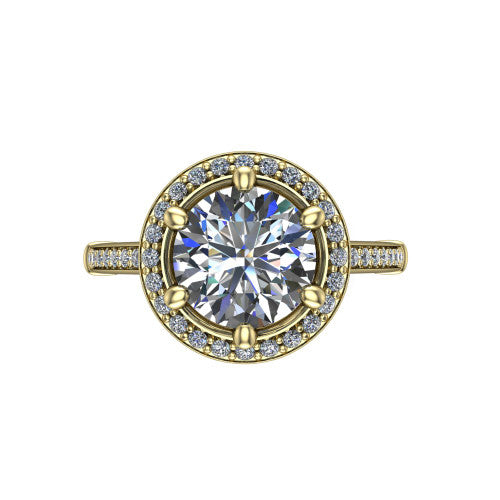 Alessandra round halo engagement ring in 18K Yellow Gold, top-down view showing the center framed by a pav&eacute; halo with compass prongs