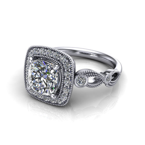 Lana cushion halo engagement ring in 18K White Gold, three-quarter perspective showing the center in a milgrain cushion halo above a vintage leaf-motif band