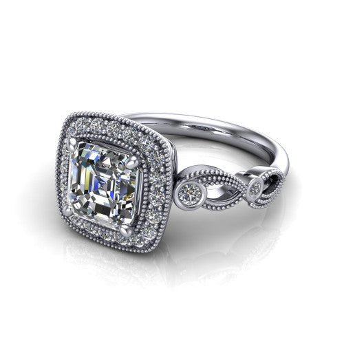 Lana square emerald halo engagement ring in 14K White Gold, three-quarter perspective showing the center in a milgrain cushion halo above a vintage leaf-motif band