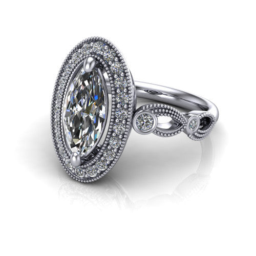 Lana marquise halo engagement ring in 18K White Gold, three-quarter perspective showing the center in a milgrain cushion halo above a vintage leaf-motif band