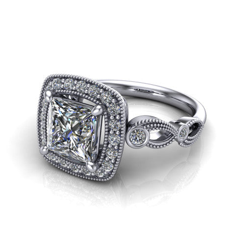Lana princess halo engagement ring in 18K White Gold, three-quarter perspective showing the center in a milgrain cushion halo above a vintage leaf-motif band
