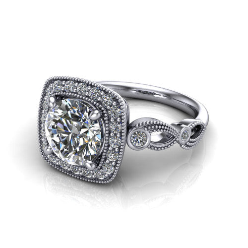 Lana round halo engagement ring in 18K White Gold, three-quarter perspective showing the center in a milgrain cushion halo above a vintage leaf-motif band