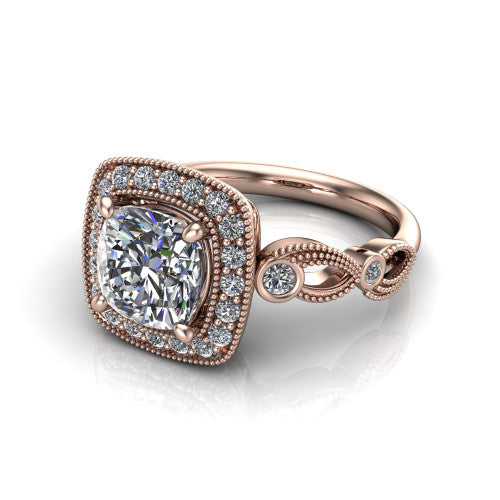 Lana cushion halo engagement ring in 14K Rose Gold, three-quarter perspective showing the center in a milgrain cushion halo above a vintage leaf-motif band