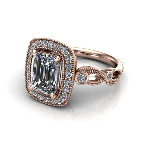 Lana emerald halo engagement ring in 14K Rose Gold, three-quarter perspective showing the center in a milgrain cushion halo above a vintage leaf-motif band
