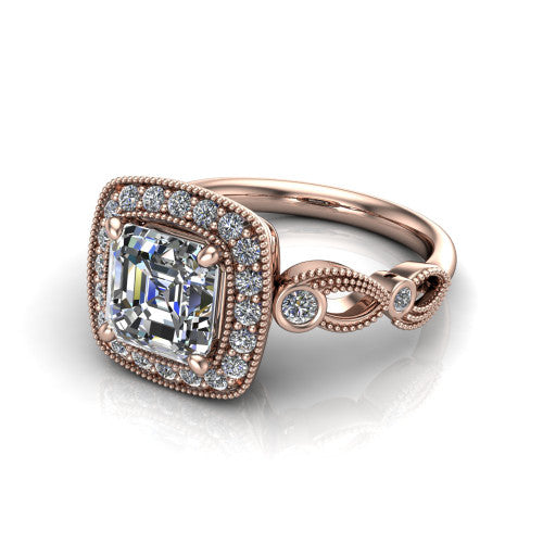 Lana square emerald halo engagement ring in 18K Rose Gold, three-quarter perspective showing the center in a milgrain cushion halo above a vintage leaf-motif band