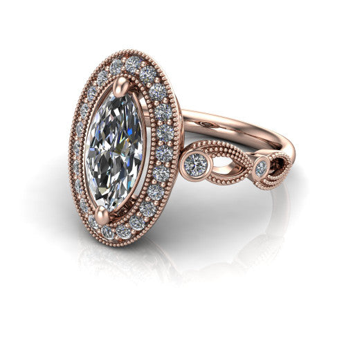 Lana marquise halo engagement ring in 18K Rose Gold, three-quarter perspective showing the center in a milgrain cushion halo above a vintage leaf-motif band