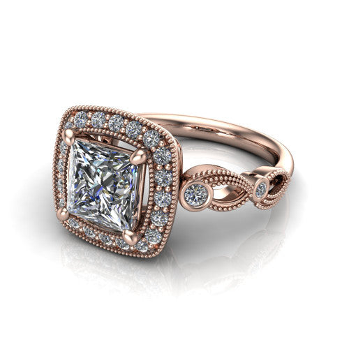 Lana princess halo engagement ring in 14K Rose Gold, three-quarter perspective showing the center in a milgrain cushion halo above a vintage leaf-motif band