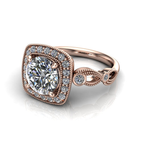 Lana round halo engagement ring in 18K Rose Gold, three-quarter perspective showing the center in a milgrain cushion halo above a vintage leaf-motif band