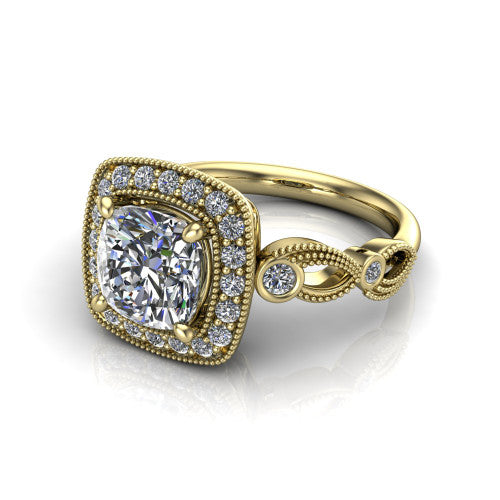 Lana cushion halo engagement ring in 14K Yellow Gold, three-quarter perspective showing the center in a milgrain cushion halo above a vintage leaf-motif band