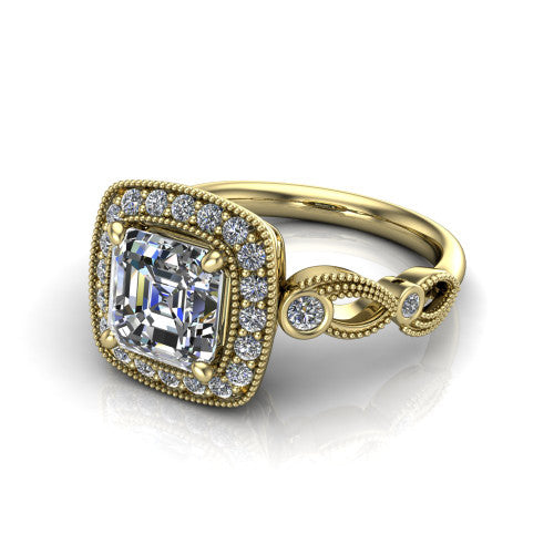 Lana square emerald halo engagement ring in 18K Yellow Gold, three-quarter perspective showing the center in a milgrain cushion halo above a vintage leaf-motif band