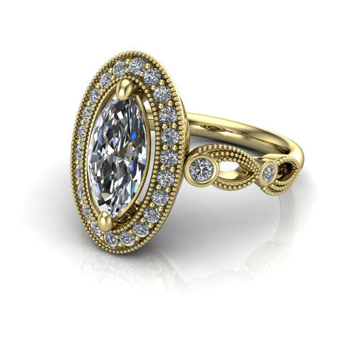 Lana marquise halo engagement ring in 18K Yellow Gold, three-quarter perspective showing the center in a milgrain cushion halo above a vintage leaf-motif band
