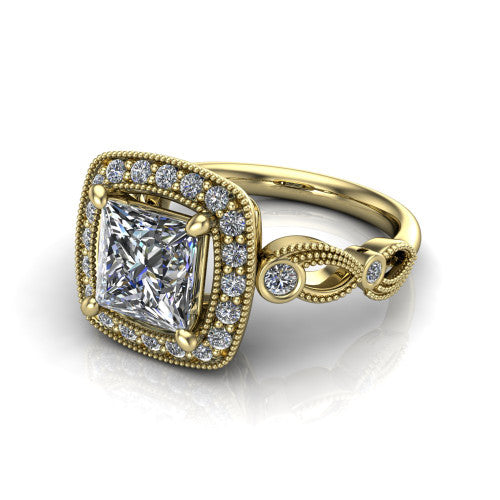 Lana princess halo engagement ring in 18K Yellow Gold, three-quarter perspective showing the center in a milgrain cushion halo above a vintage leaf-motif band