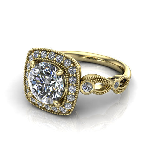 Lana round halo engagement ring in 14K Yellow Gold, three-quarter perspective showing the center in a milgrain cushion halo above a vintage leaf-motif band