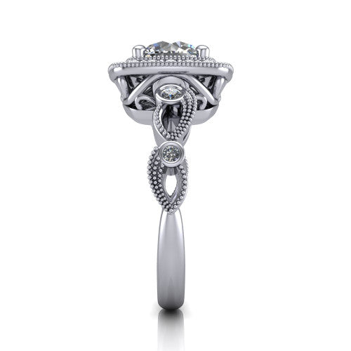 Lana round halo engagement ring in 14K White Gold, side profile showing the open filigree undergallery and the bezel-set accent on the vintage leaf band
