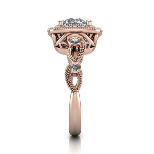 Lana round halo engagement ring in 14K Rose Gold, side profile showing the open filigree undergallery and the bezel-set accent on the vintage leaf band