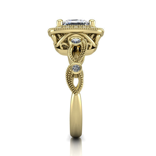 Lana princess halo engagement ring in 14K Yellow Gold, side profile showing the open filigree undergallery and the bezel-set accent on the vintage leaf band