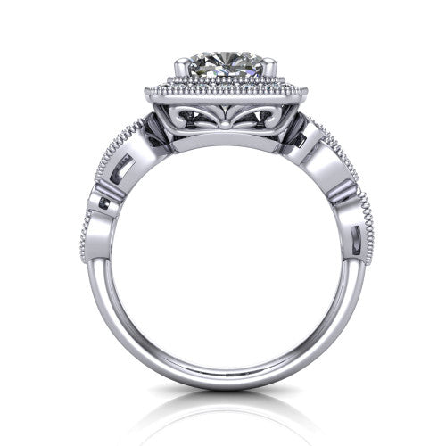 Lana cushion halo engagement ring in Platinum, through-finger front profile showing the filigree scroll gallery beneath the halo and the marquise leaf shoulders