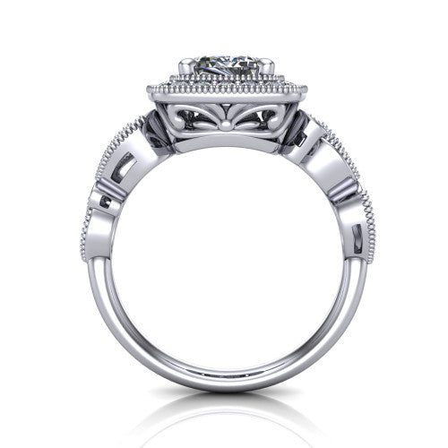 Lana emerald halo engagement ring in 14K White Gold, through-finger front profile showing the filigree scroll gallery beneath the halo and the marquise leaf shoulders