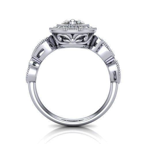 Lana marquise halo engagement ring in 14K White Gold, through-finger front profile showing the filigree scroll gallery beneath the halo and the marquise leaf shoulders