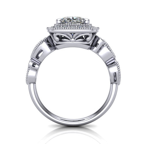 Lana oval halo engagement ring in 14K White Gold, through-finger front profile showing the filigree scroll gallery beneath the halo and the marquise leaf shoulders