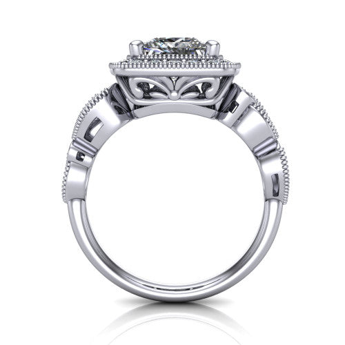 Lana princess halo engagement ring in 18K White Gold, through-finger front profile showing the filigree scroll gallery beneath the halo and the marquise leaf shoulders