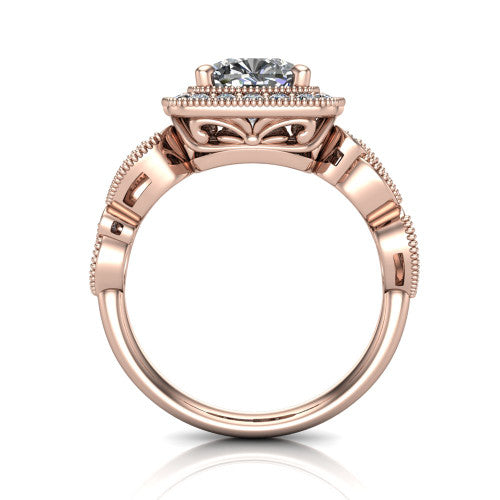 Lana cushion halo engagement ring in 18K Rose Gold, through-finger front profile showing the filigree scroll gallery beneath the halo and the marquise leaf shoulders