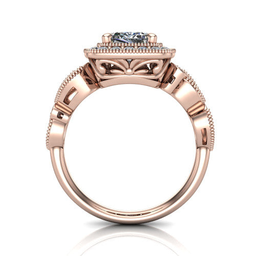 Lana emerald halo engagement ring in 18K Rose Gold, through-finger front profile showing the filigree scroll gallery beneath the halo and the marquise leaf shoulders
