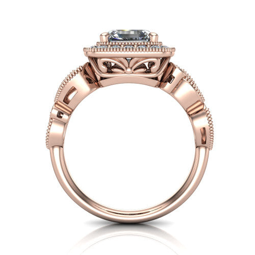 Lana square emerald halo engagement ring in 14K Rose Gold, through-finger front profile showing the filigree scroll gallery beneath the halo and the marquise leaf shoulders