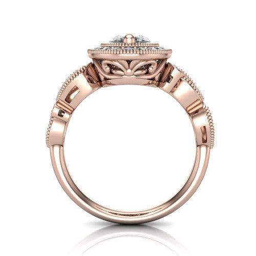 Lana marquise halo engagement ring in 14K Rose Gold, through-finger front profile showing the filigree scroll gallery beneath the halo and the marquise leaf shoulders