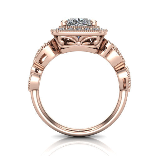 Lana oval halo engagement ring in 18K Rose Gold, through-finger front profile showing the filigree scroll gallery beneath the halo and the marquise leaf shoulders