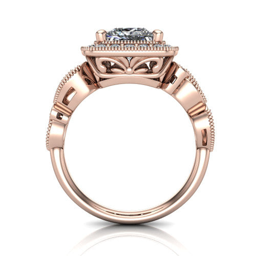 Lana princess halo engagement ring in 14K Rose Gold, through-finger front profile showing the filigree scroll gallery beneath the halo and the marquise leaf shoulders