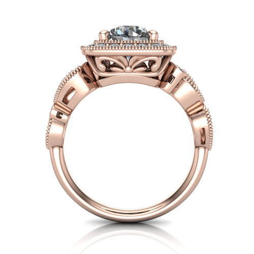 Lana round halo engagement ring in 14K Rose Gold, through-finger front profile showing the filigree scroll gallery beneath the halo and the marquise leaf shoulders