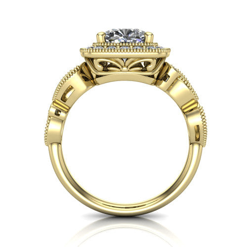Lana cushion halo engagement ring in 14K Yellow Gold, through-finger front profile showing the filigree scroll gallery beneath the halo and the marquise leaf shoulders